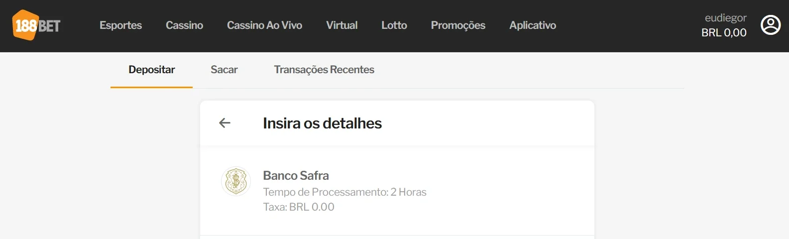 detalhes do depósito via Banco Safra