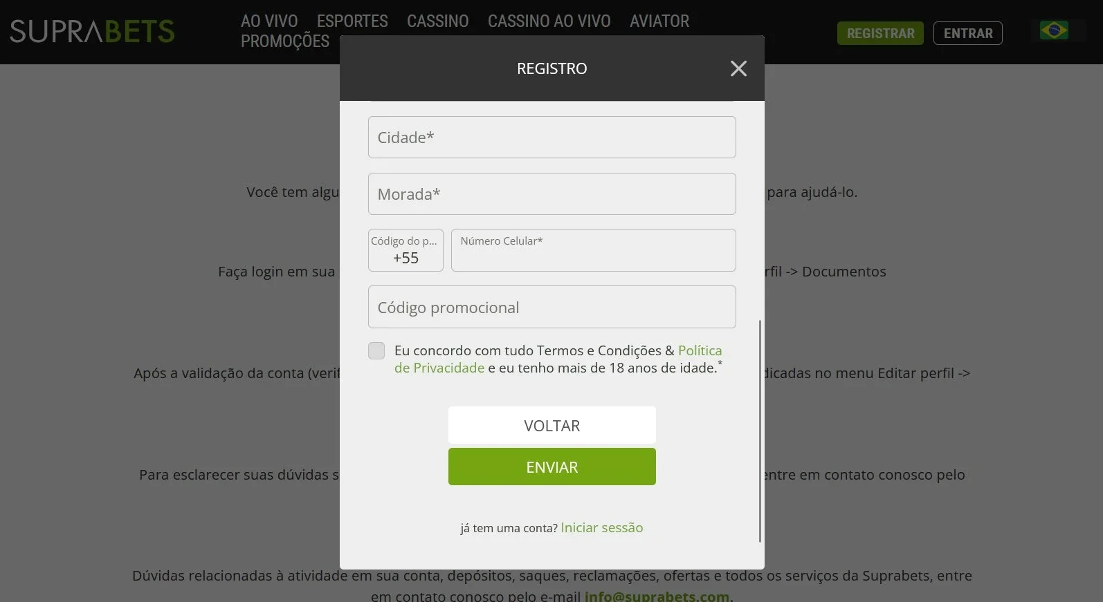 Como se cadastrar na Suprabets formulário