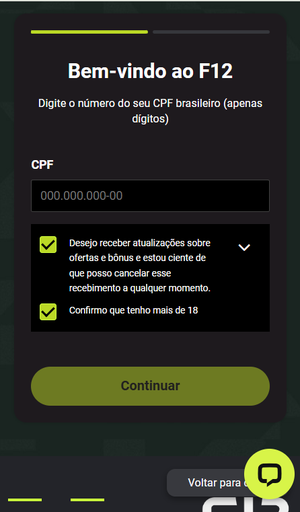 Página inicial da F12bet