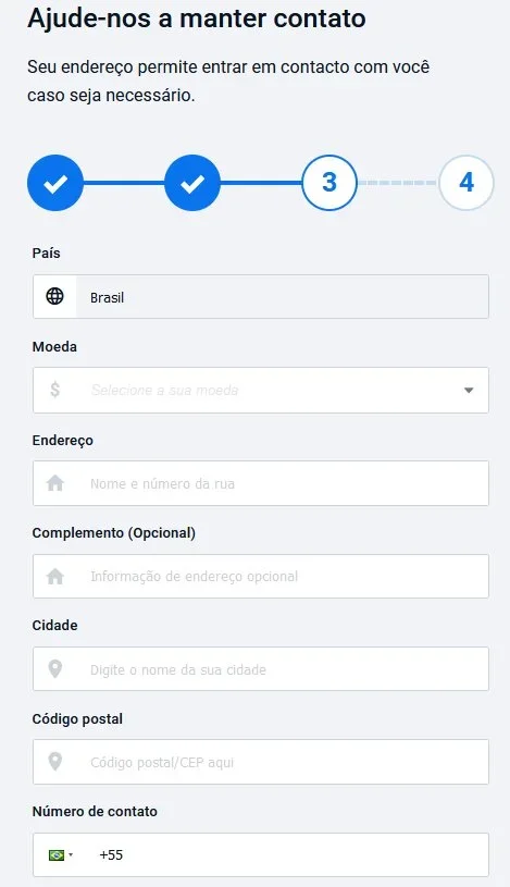 Em seguida_ informe seus dados residenciais e sua moeda_ além do seu número de telefone